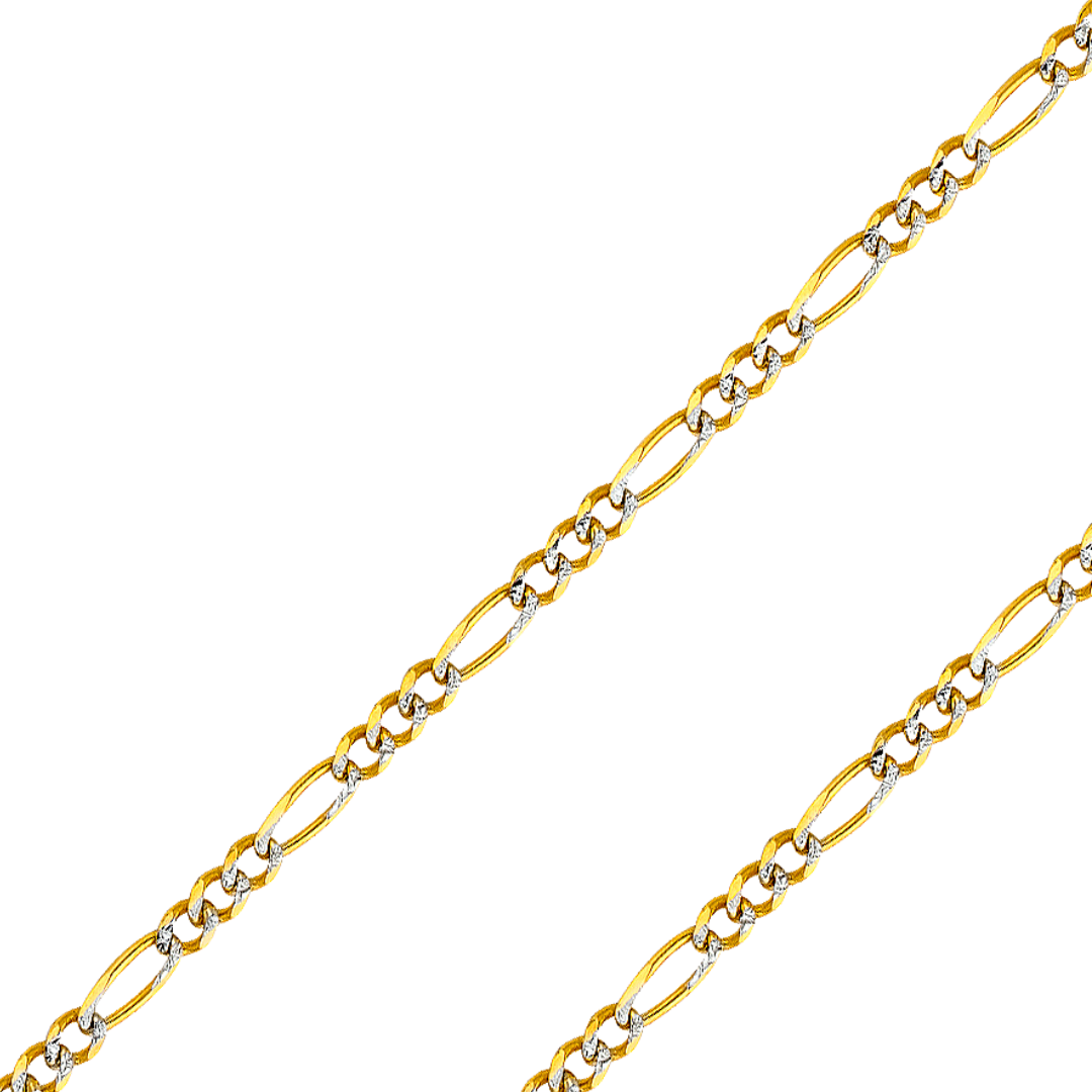 14K Real Solid Yellow Gold 1.80mm-11.30mm Figaro 3+1 Concave Regular White Pave Bracelet