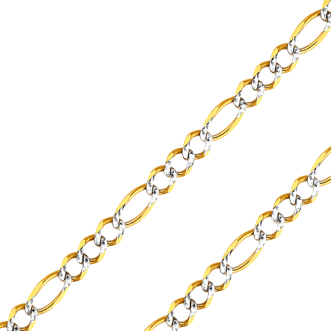 14K Real Solid Yellow or white Pave Gold 3.90mm-5.60mm Figaro 3+1 Concave Open Light Chain