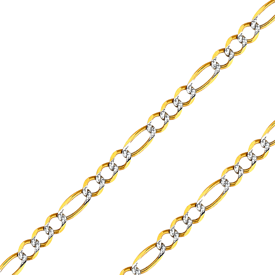14K Real Solid Yellow or white Pave Gold 3.90mm-5.60mm Figaro 3+1 Concave Open Light Chain