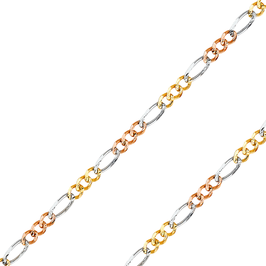 14K REAL Tricolor Gold 1.80mm-5.30mm Figaro 3+1 Concave Regular Diamond Cut Chain