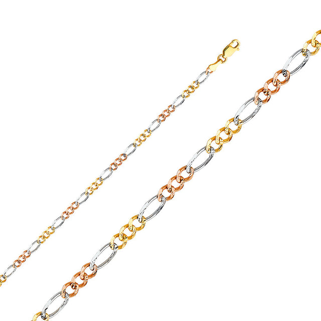 14K Tricolor Gold Solid 3.7 mm Concave Figaro 3+1 Bracelet