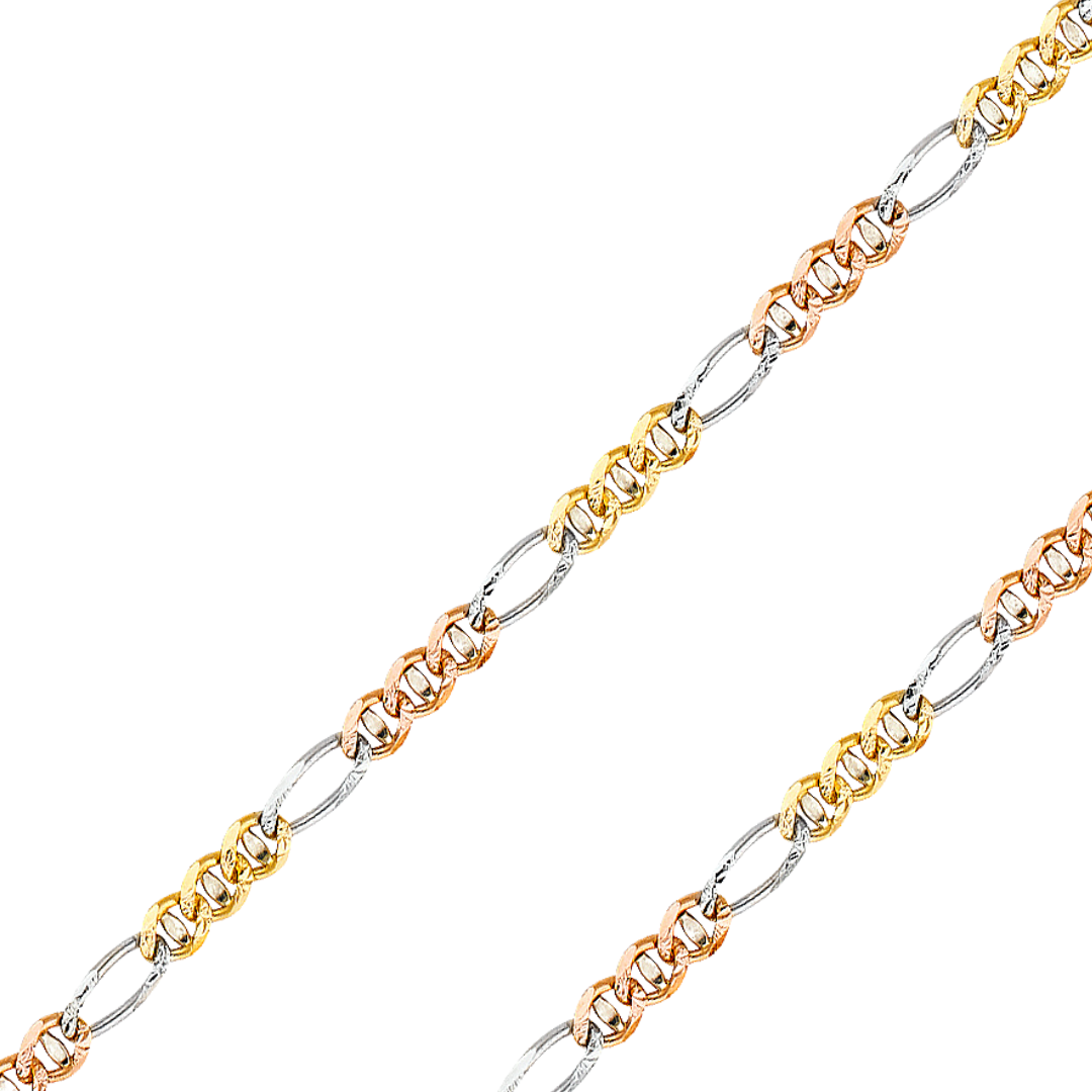 14K REAL Tricolor Gold 2.50mm-3.90mm Mariner Ficonucci 3+1 Concave Diamond Cut Chain