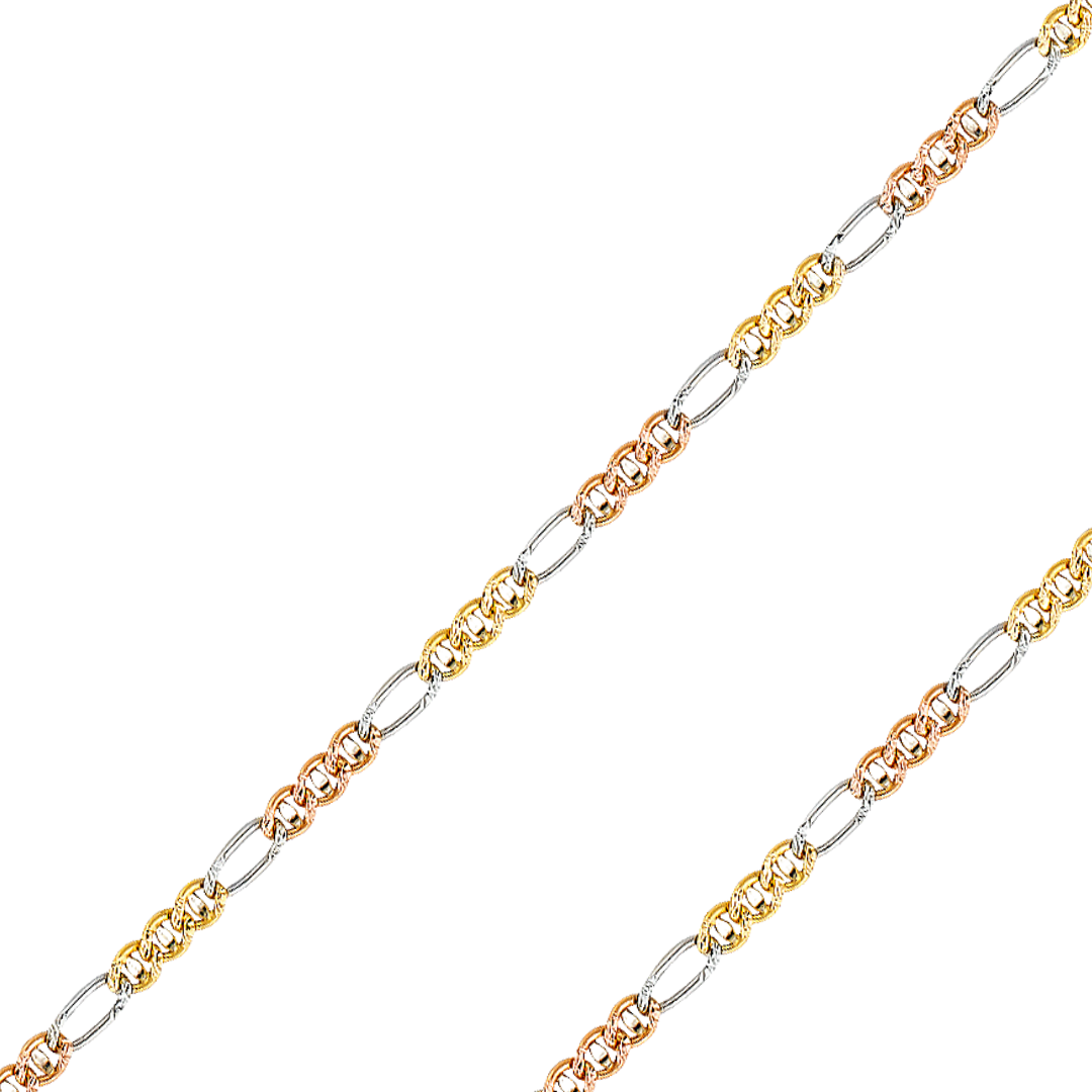 14K REAL Tricolor Gold 2.50mm-3.90mm Mariner Ficonucci 3+1 Concave Diamond Cut Chain