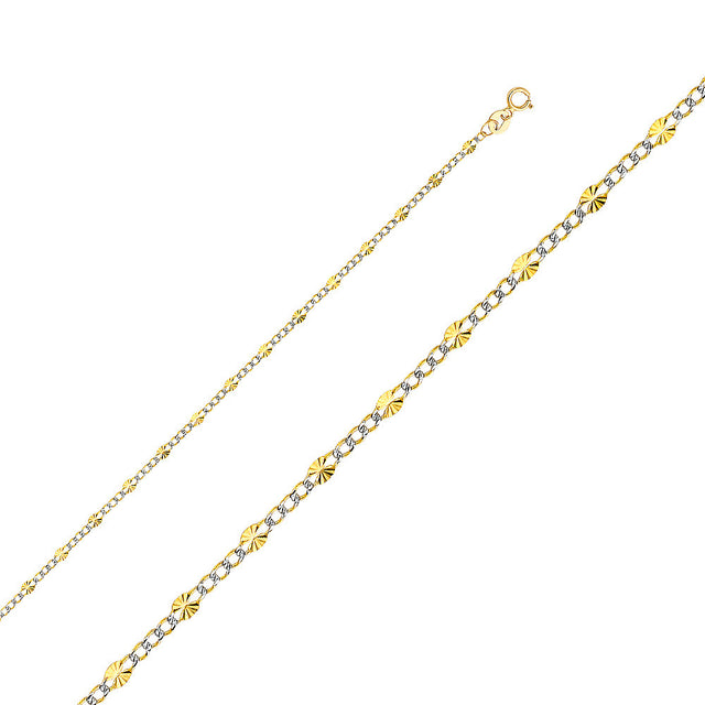 14K Two-Tone Gold Solid Diamond-Cut Stamped 2.5 mm White Pavé Figaro 3+1 Chain with Lobster Clasp