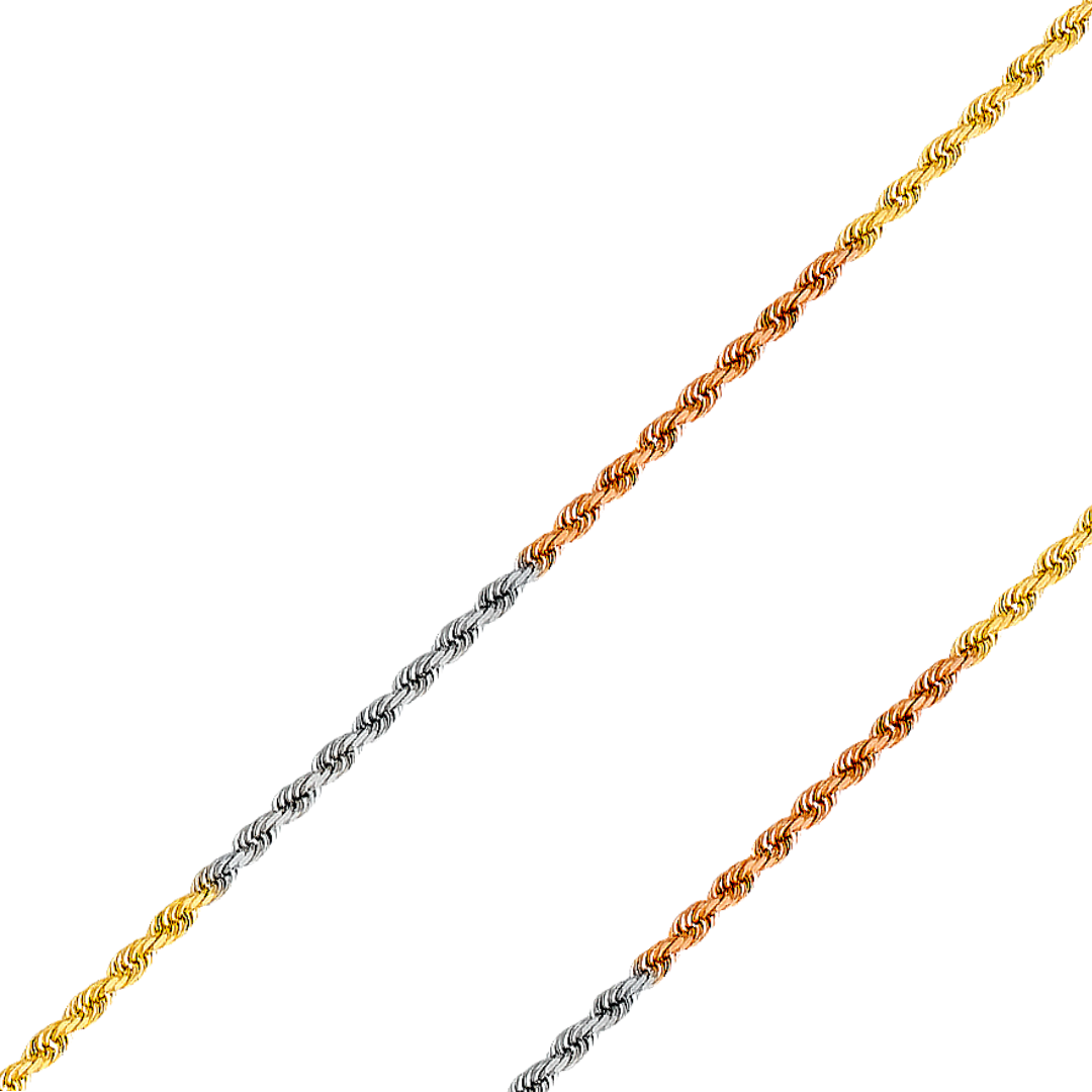 14K REAL Tricolor Gold 1.50mm-1.90mm Solid Regular Rope Diamond Cut Chain