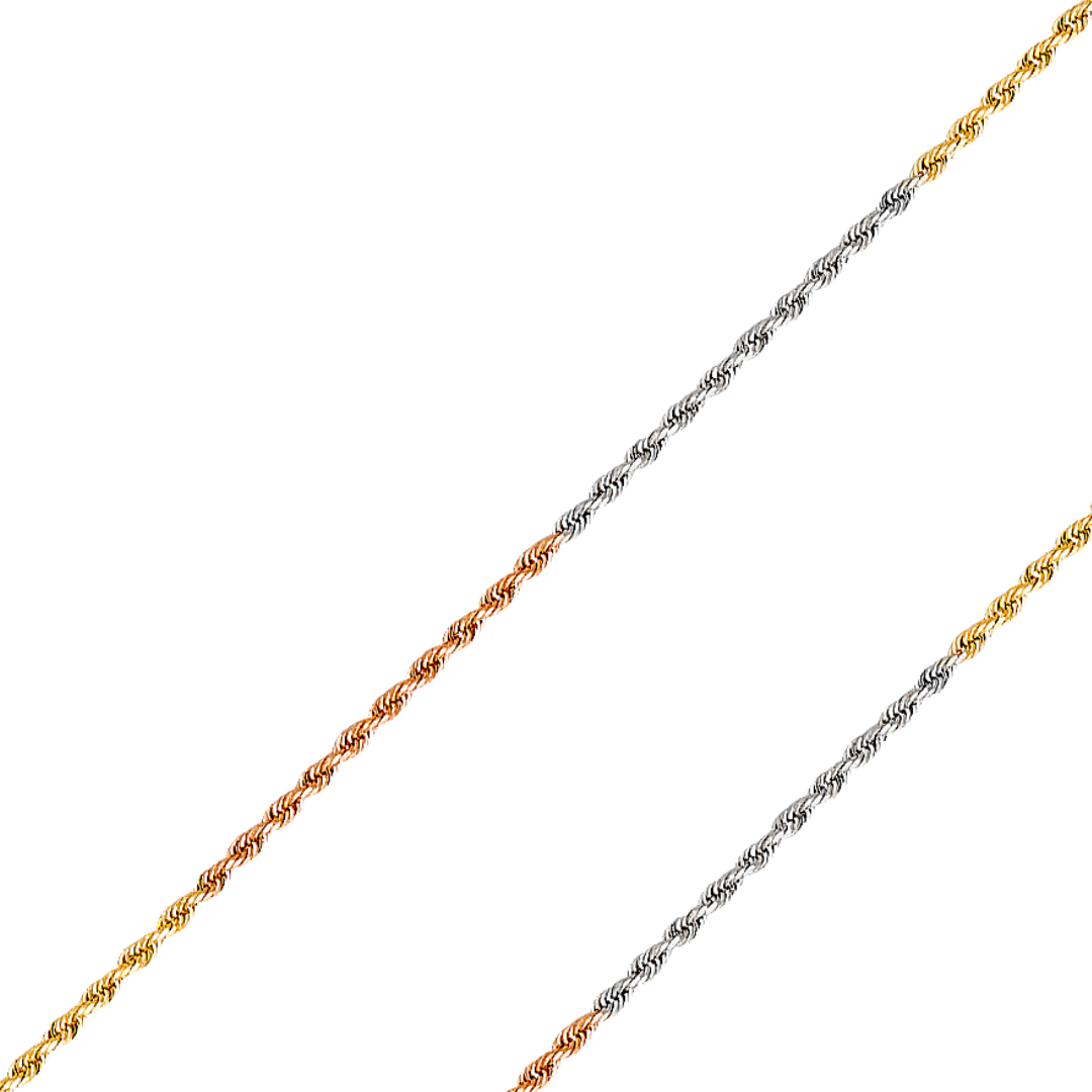 14K REAL Tricolor Gold 1.50mm-1.90mm Solid Regular Rope Diamond Cut Chain