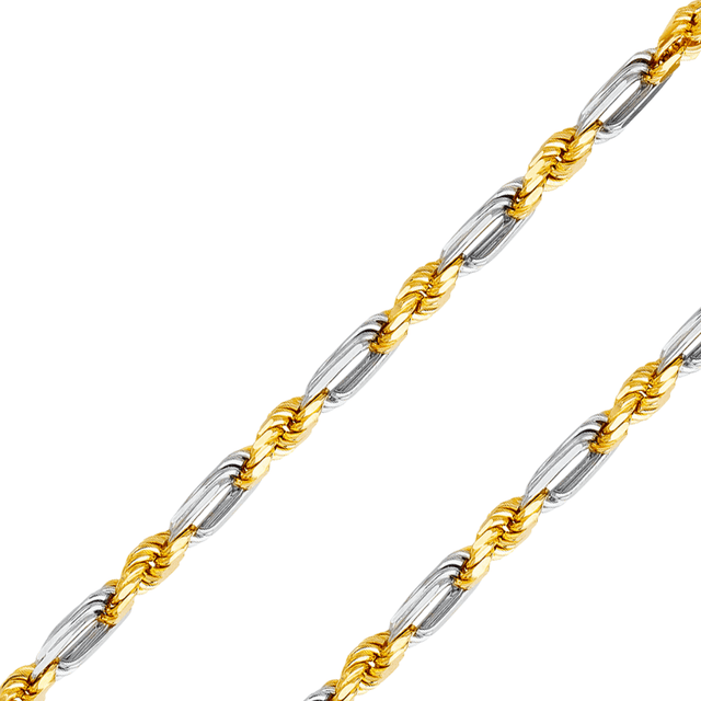 14K solid tricolor gold diamond-cut Figaro-rope chain blending Figaro and rope links in yellow, white and rose gold