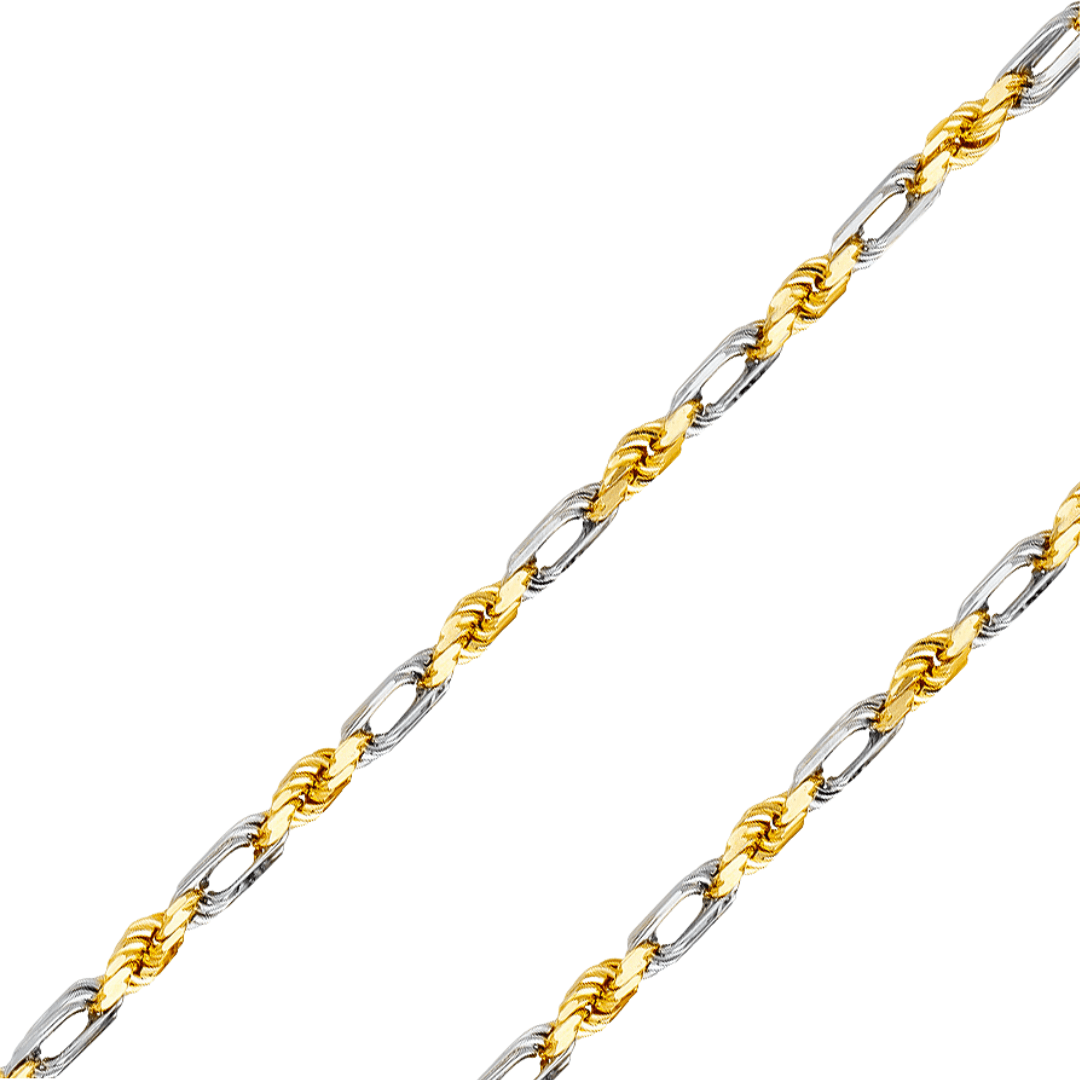 14K REAL Yellow,Two-Tone,Tricolor Gold 3.00mm-7.50mm Solid FigaroRope Diamond Cut Chain