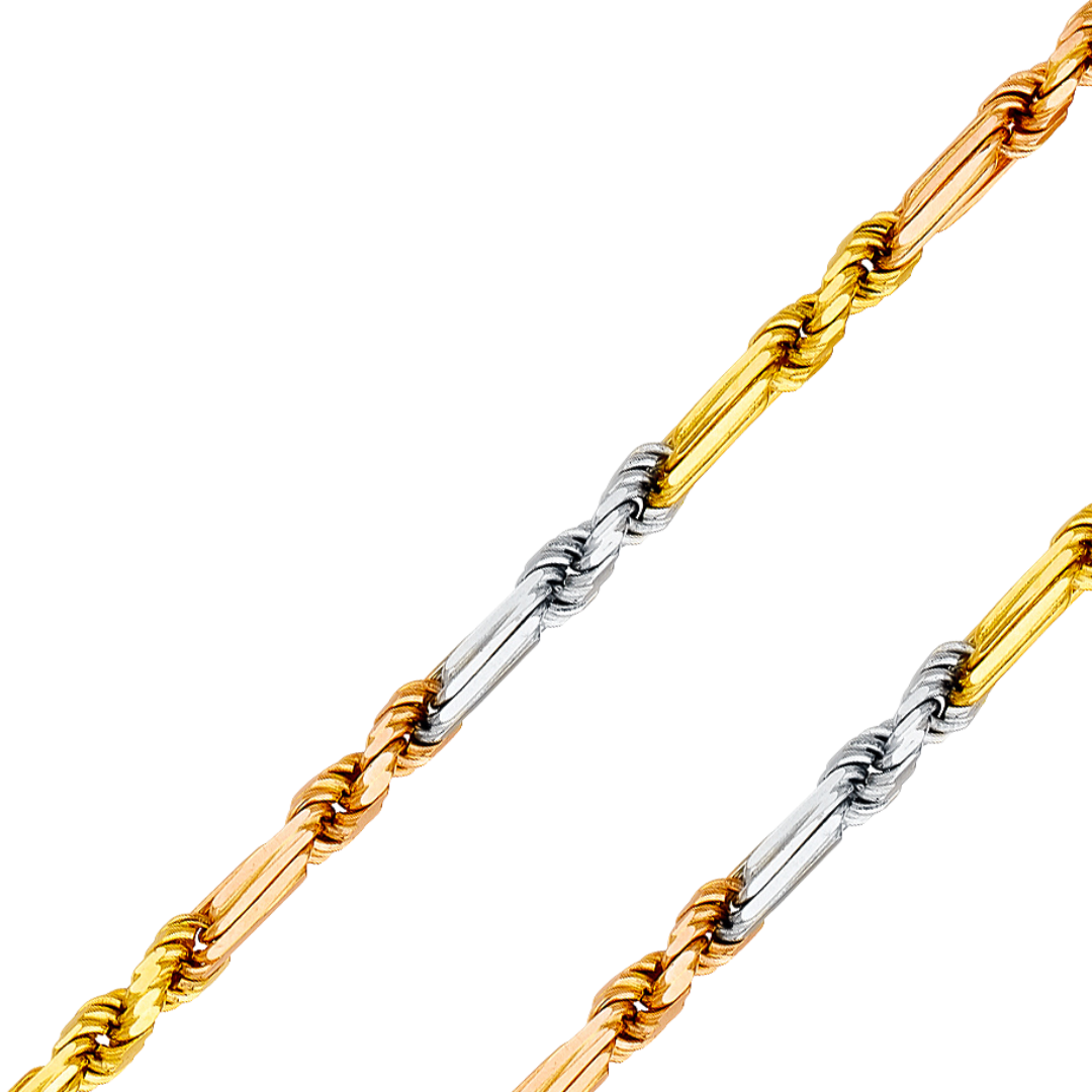 14K REAL Yellow,Two-Tone,Tricolor Gold 3.00mm-7.50mm Solid FigaroRope Diamond Cut Chain