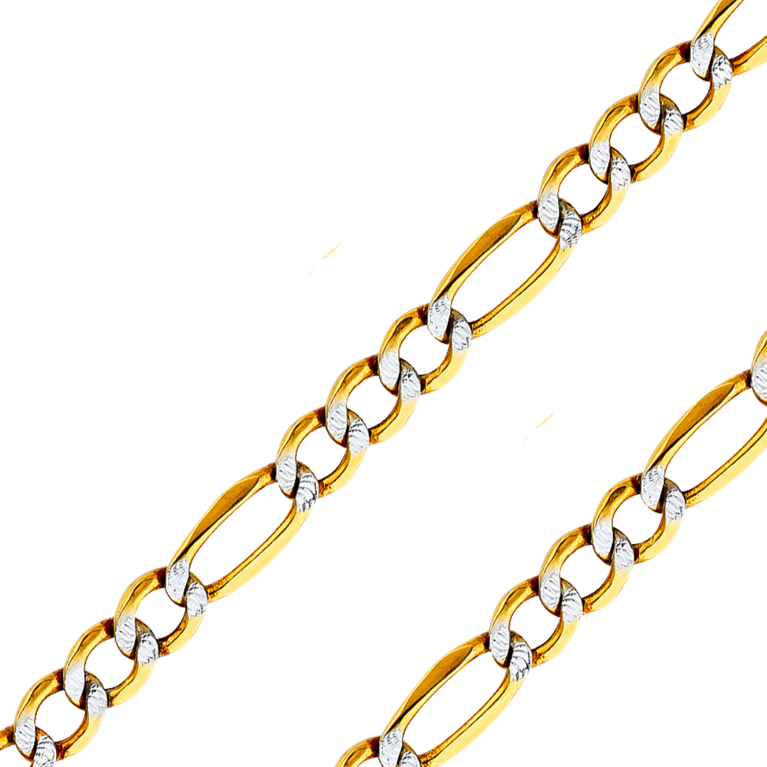 14K REAL Yellow White Pave Gold 2.10mm-8.40mm Hollow Chains Bevelled Figaro 3+1 Diamond Cut Chain