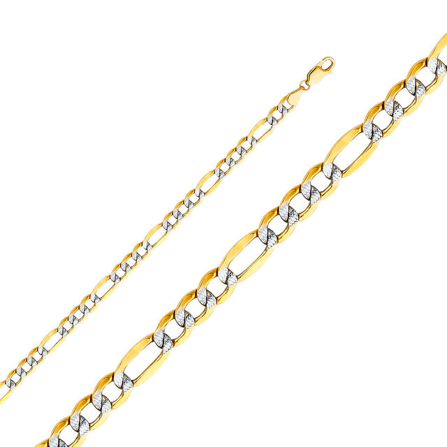 14K Two-Tone Gold Hollow 5.0 mm Bevelled Figaro 3+1 White Pavé Bracelet