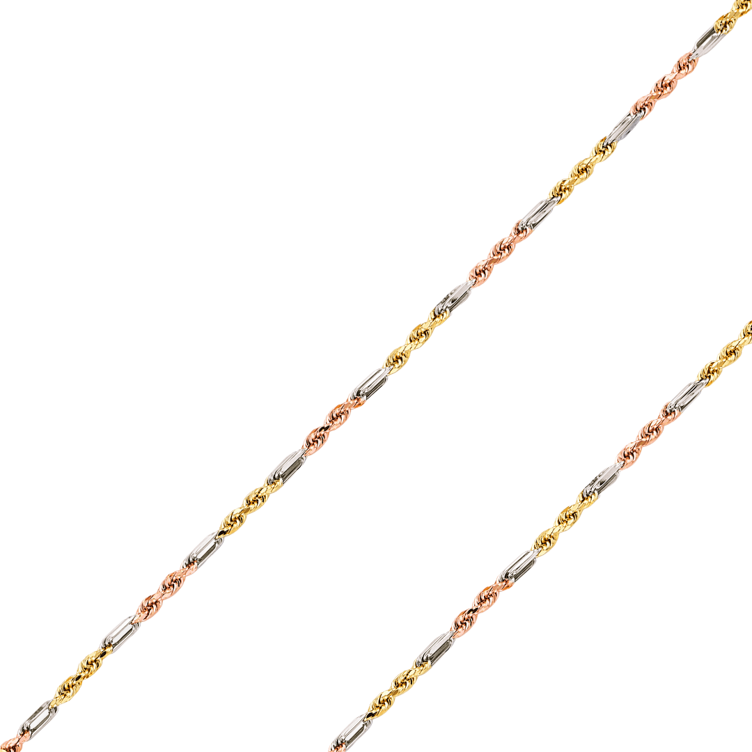 14K REAL Yellow,Tricolor Gold 2.80mm-4.70mm Hollow FigaroRope Diamond Cut Chain