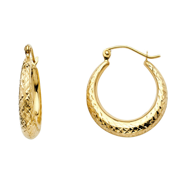 14K Yellow Gold Diamond-Cut Graduated Hoop Earrings 20mm on White Background
