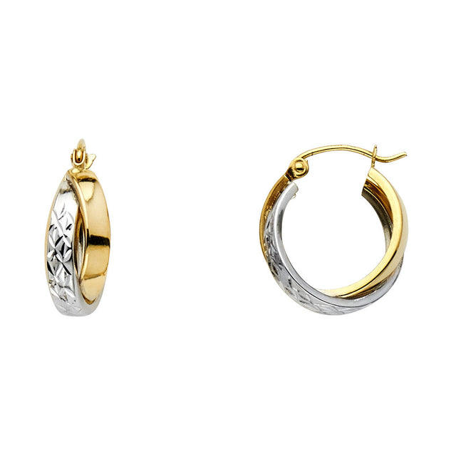 14K Two-Tone Gold Diamond-Cut Double-Line Crossover Hoop Earrings 16mm on White Background