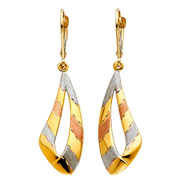 14K Tricolor Gold Twisted Ribbon Drop Earrings on white background - Italian Fashions