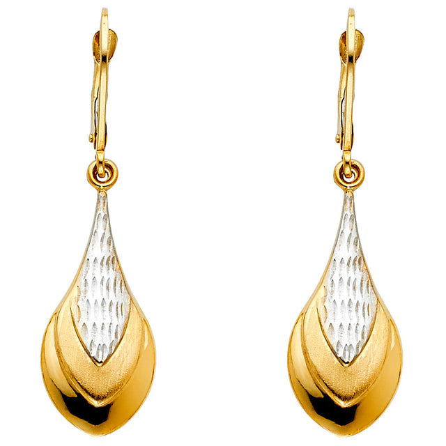 14K Two-Tone Gold Puffed Teardrop Drop Earrings on white background - Italian Fashions