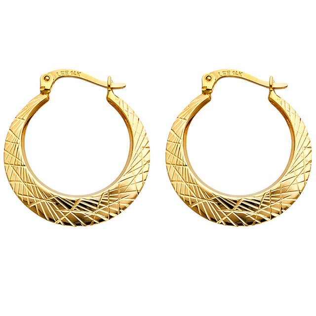 14K Yellow Gold Diamond-Cut Crescent Hoop Earrings on white background - Italian Fashions