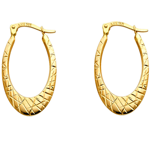 14K Yellow Gold Diamond-Cut Oval Hoop Earrings on white background - Italian Fashions