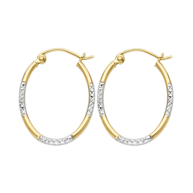 14K Two-Tone Gold Diamond-Cut Round Tube Oval Hoop Earrings on white background - Italian Fashions