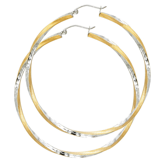 14K Two-Tone Gold Diamond-Cut 2.6mm Swirl Hoop Earrings 55mm on White Background