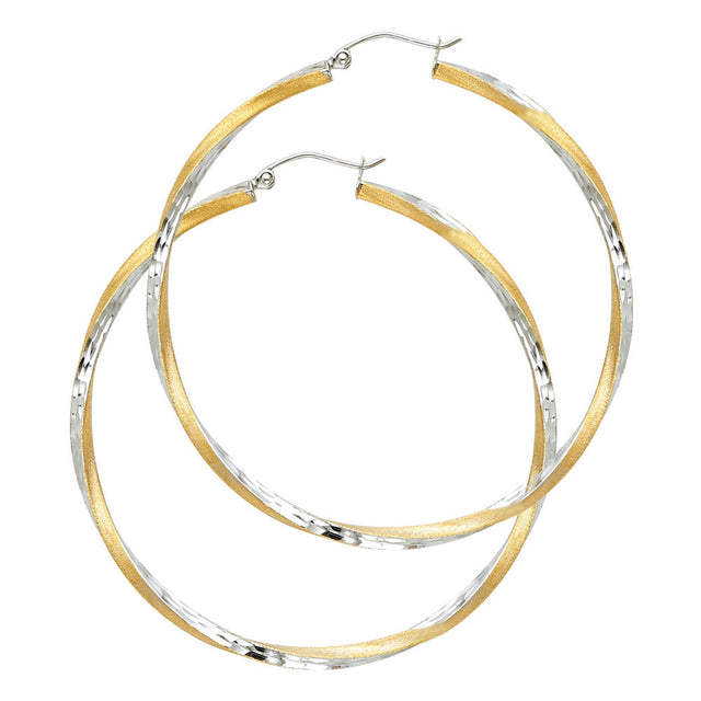 14K Two-Tone Gold Diamond-Cut 2.6mm Swirl Hoop Earrings 45mm on White Background
