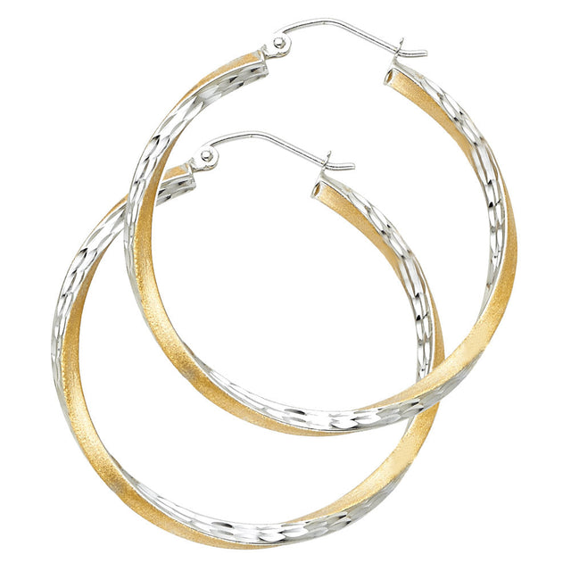 14K Two-Tone Gold Diamond-Cut 2.6mm Swirl Hoop Earrings 35mm on White Background