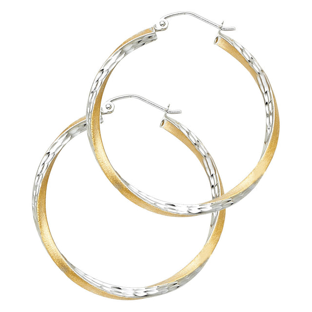 14K Two-Tone Gold Diamond-Cut 2.6mm Swirl Hoop Earrings 30mm on White Background