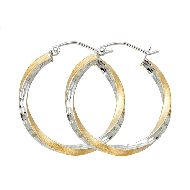 14K Two-Tone Gold Diamond-Cut 2.6mm Swirl Hoop Earrings 25mm on White Background