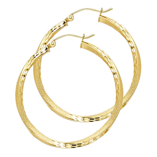 14K Yellow Gold Diamond-Cut 2.6mm Swirl Hoop Earrings 35mm on White Background