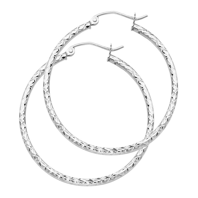 14K Gold Silk Diamond-Cut 1.5mm Round Tube Hoop Earrings on white background - Italian Fashions