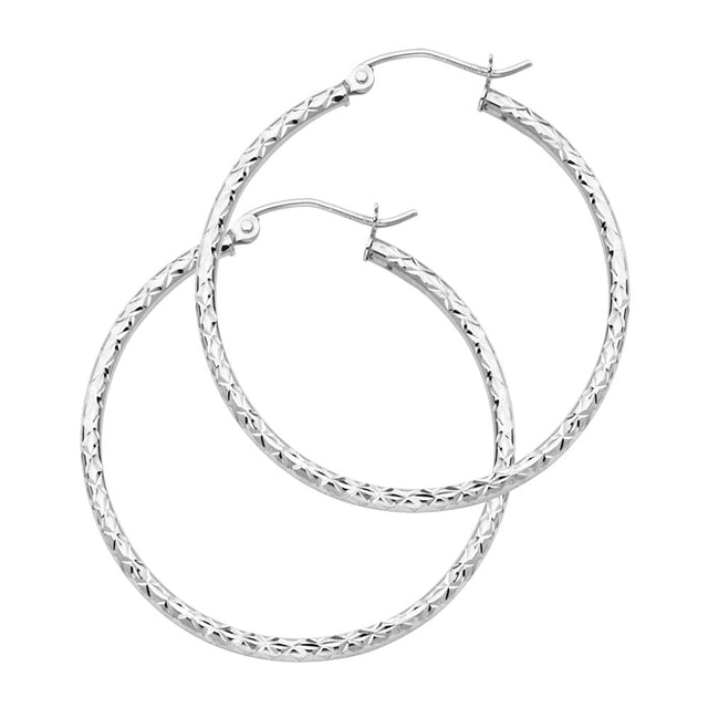 14K Gold Silk Diamond-Cut 1.5mm Round Tube Hoop Earrings on white background - Italian Fashions