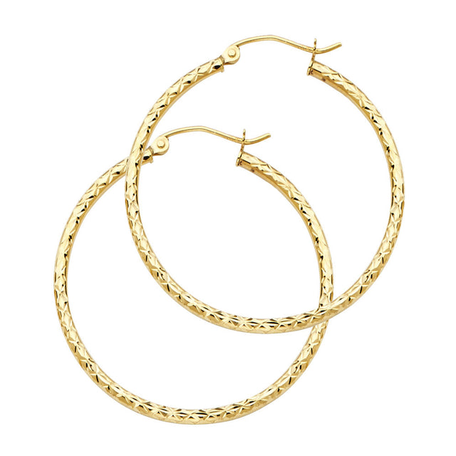 14K Gold Silk Diamond-Cut 1.5mm Round Tube Hoop Earrings on white background - Italian Fashions