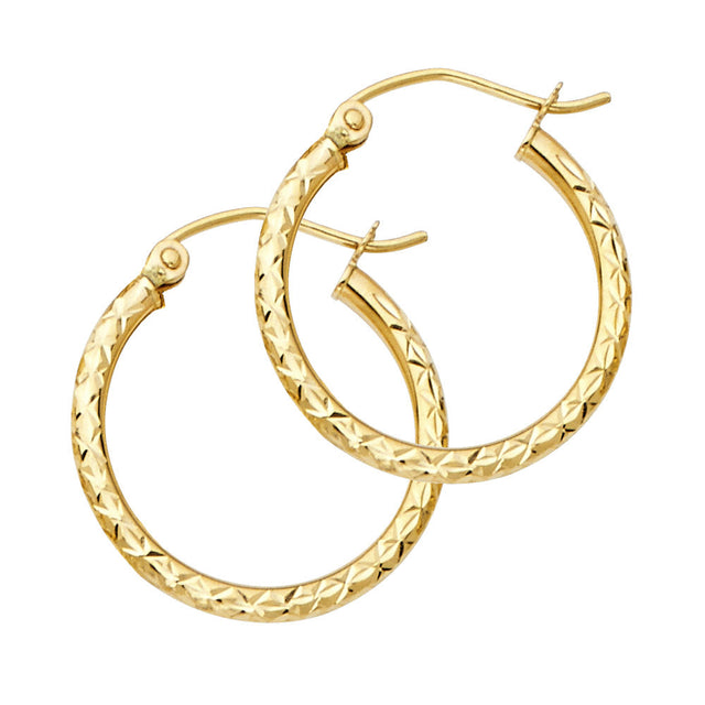 14K Gold Silk Diamond-Cut 1.5mm Round Tube Hoop Earrings on white background - Italian Fashions