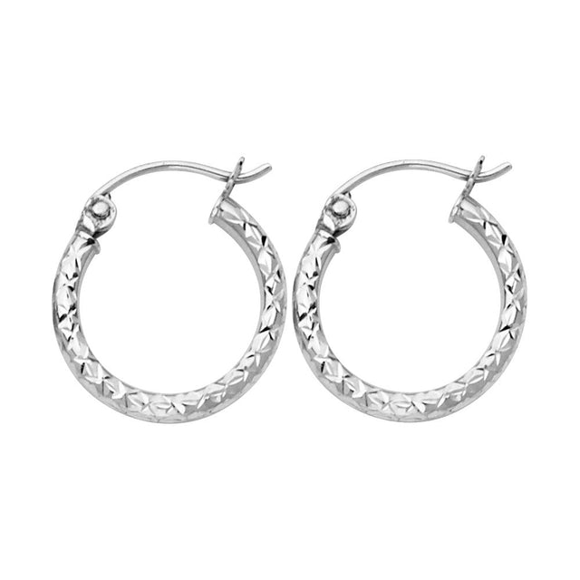 14K Gold Silk Diamond-Cut 1.5mm Round Tube Hoop Earrings on white background - Italian Fashions