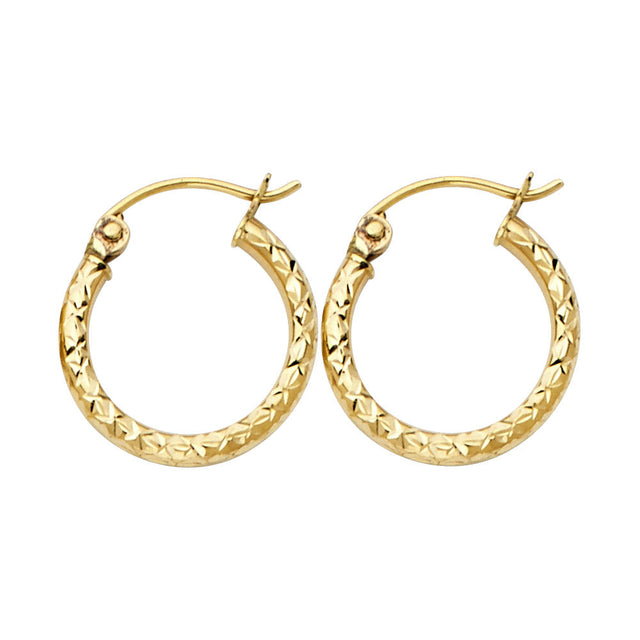 14K Gold Silk Diamond-Cut 1.5mm Round Tube Hoop Earrings on white background - Italian Fashions