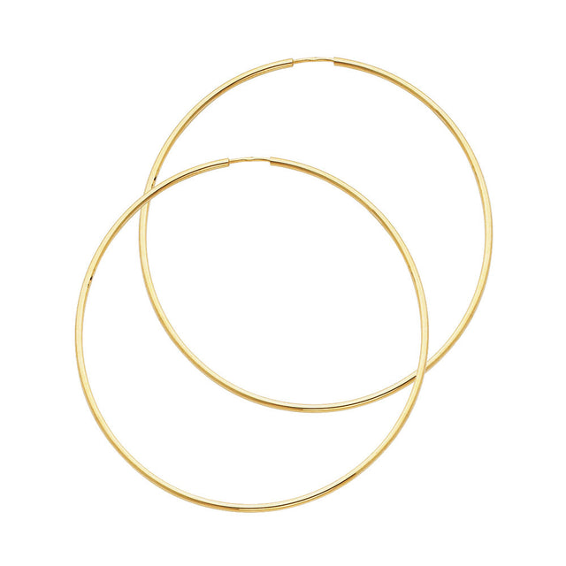 14K Yellow Gold Polished 1.5mm Round Tube Endless Hoop Earrings 45mm on White Background