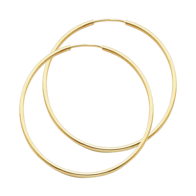 14K Yellow Gold Polished 1.5mm Round Tube Endless Hoop Earrings 35mm on White Background
