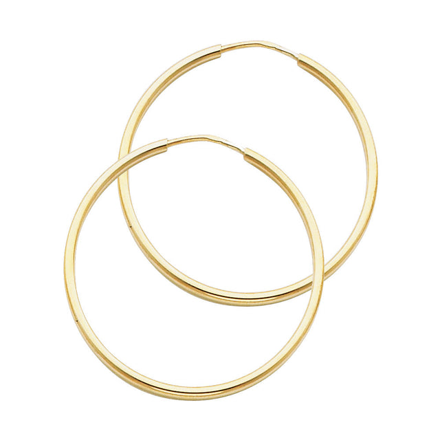 14K Yellow Gold Polished 1.5mm Round Tube Endless Hoop Earrings 30mm on White Background