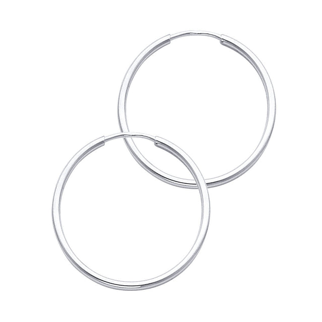 14K White Gold Polished 1.5mm Round Tube Endless Hoop Earrings 25mm on White Background