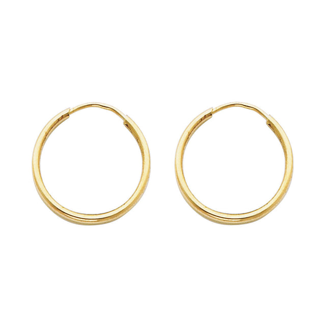 14K Yellow Gold Polished 1.5mm Round Tube Endless Hoop Earrings 17mm on White Background