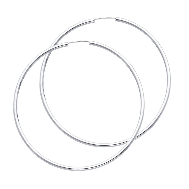 14K White Gold Polished 2mm Round Tube Endless Hoop Earrings 65mm on White Background