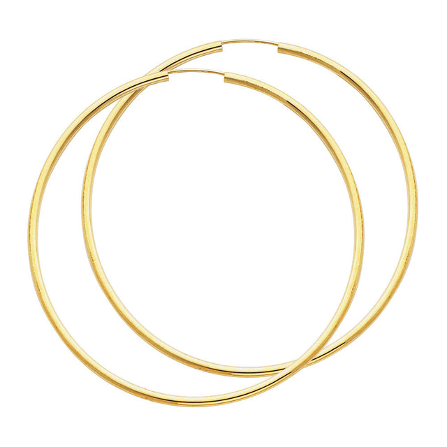14K Yellow Gold Polished 2mm Round Tube Endless Hoop Earrings 65mm on White Background