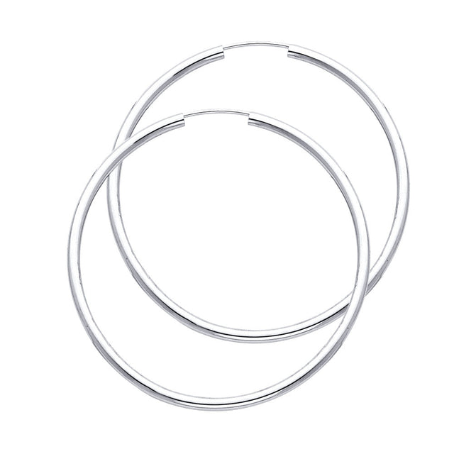 14K White Gold Polished 2mm Round Tube Endless Hoop Earrings 45mm on White Background