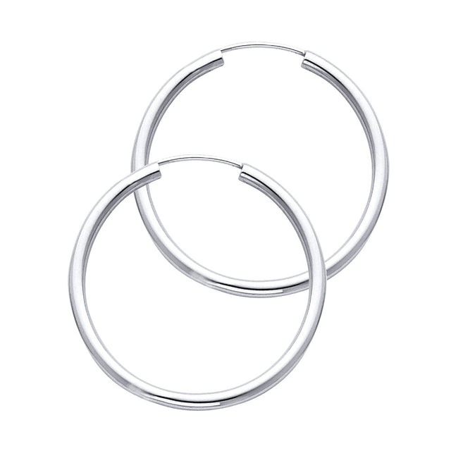 14K White Gold Polished 2mm Round Tube Endless Hoop Earrings 30mm on White Background