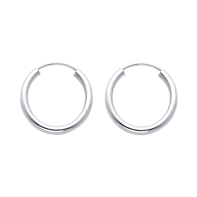 14K White Gold Polished 2mm Round Tube Endless Hoop Earrings 17mm on White Background