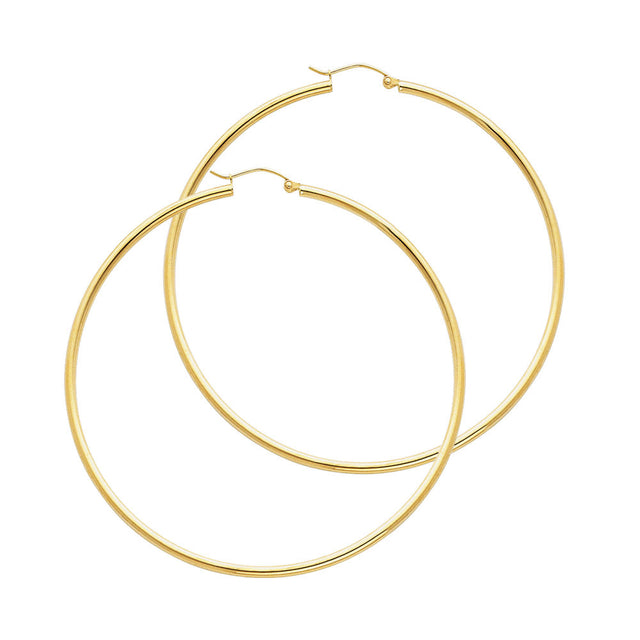 14K Yellow Gold 2mm Polished Round Tube Hoop Earrings - 55mm