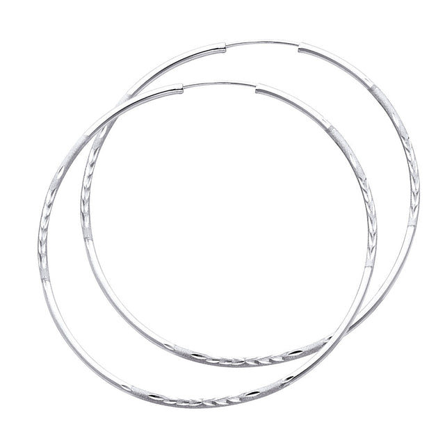 14K White Gold Diamond-Cut 1.5mm Endless Hoop Earrings 55mm on White Background
