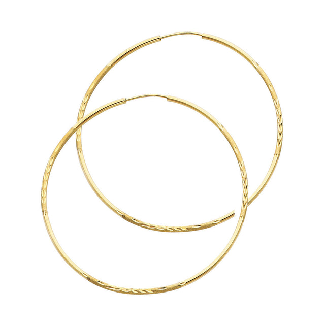 14K Yellow Gold Diamond-Cut 1.5mm Endless Hoop Earrings 45mm on White Background
