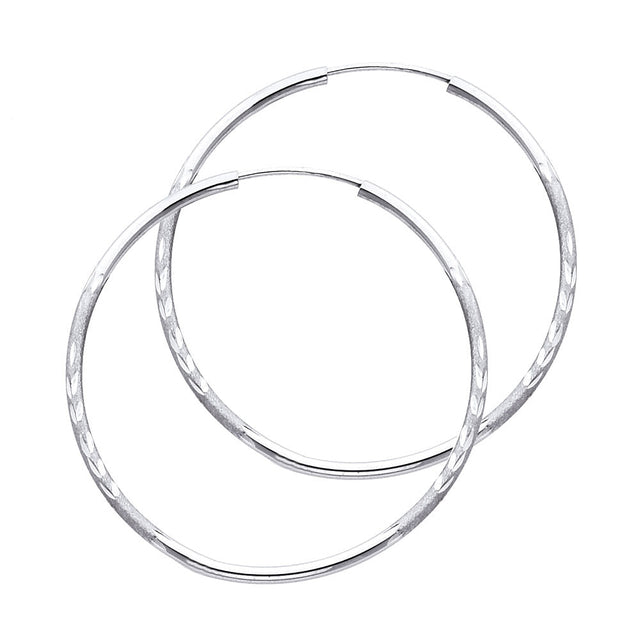 14K White Gold Diamond-Cut 1.5mm Endless Hoop Earrings 38mm on White Background