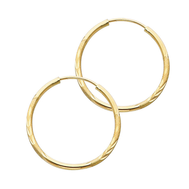 14K Yellow Gold Diamond-Cut 1.5mm Endless Hoop Earrings 23mm on White Background